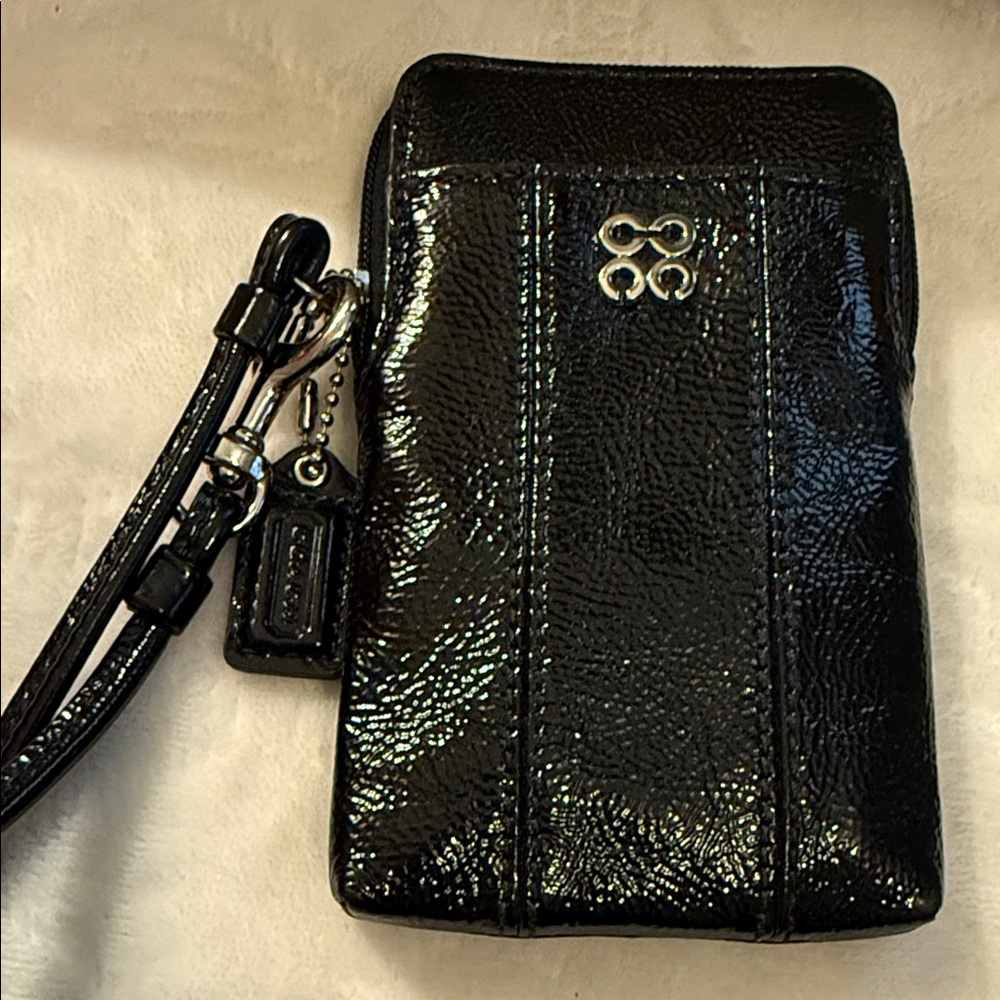Coach Black Patent Leather Phone Wristlet Holster with Silver Hardware